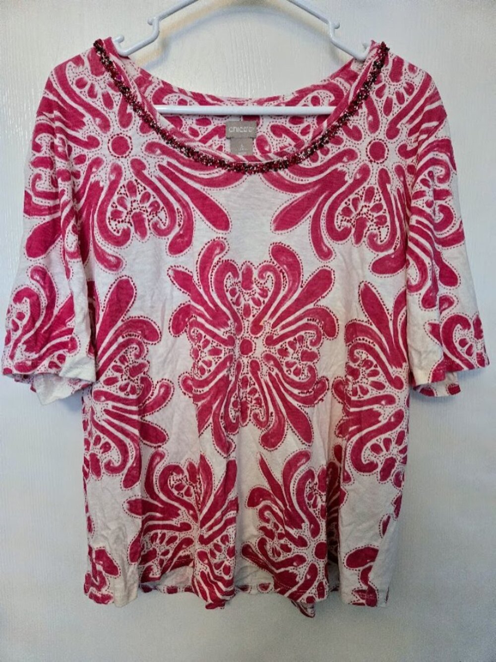 Chico's pink and white S/S top with beaded neckline Size 3/XL